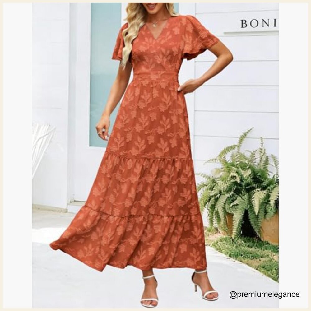 Boho Floral Maxi Dress Wrap V Neck Flutter Sleeve Tiered A Line Summer - Picture 6 of 7